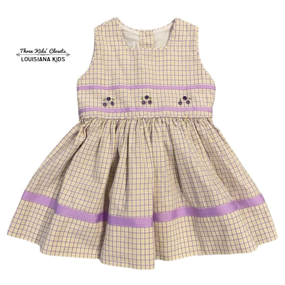 Strasburg 24m Lavender & Yellow Plaid Embroidered Rosebud Dress